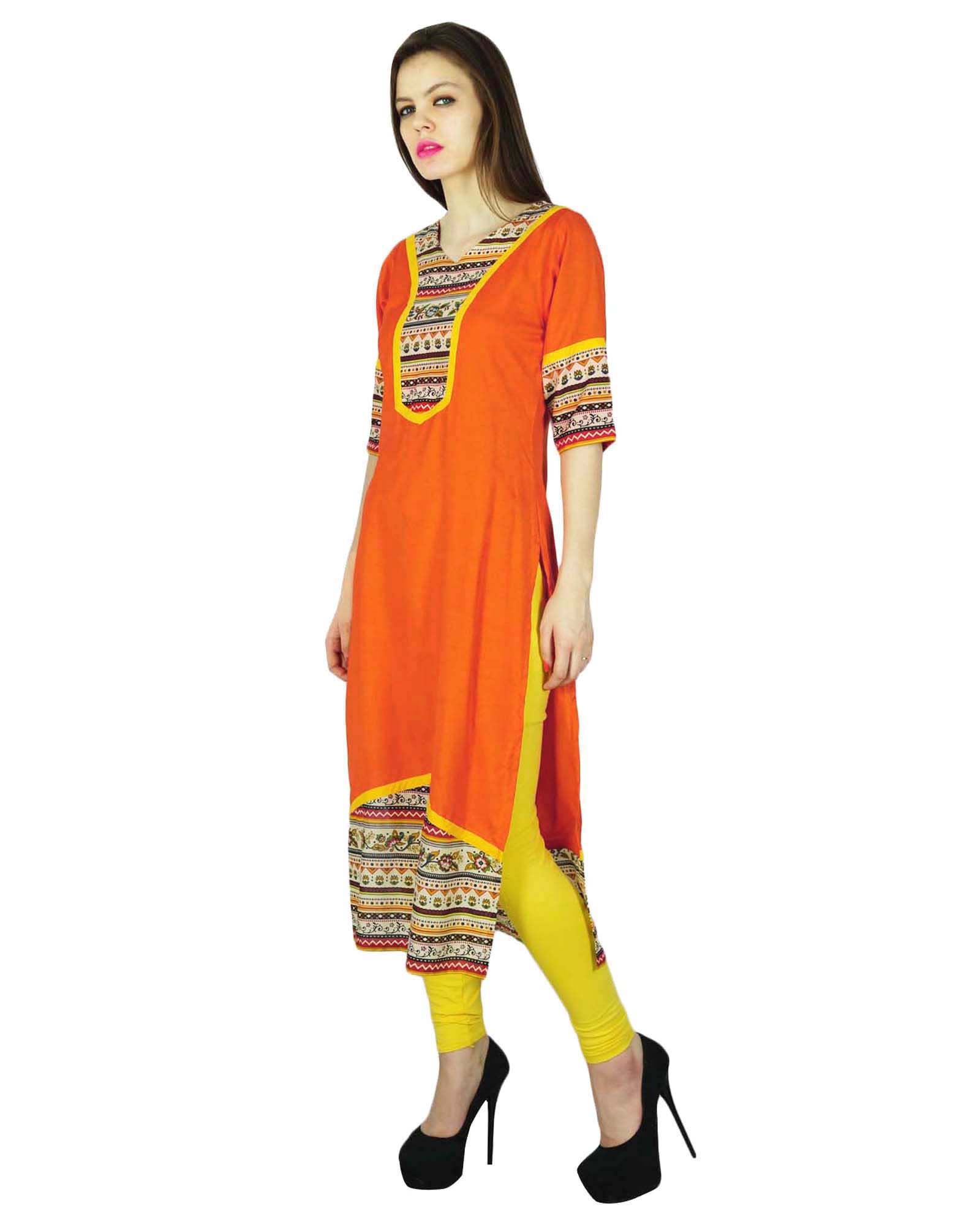 

Phagun Indian Designer Cotton Rayon Kurta Women Kurti Casual Top Tunic Dress 8 помаранчевий