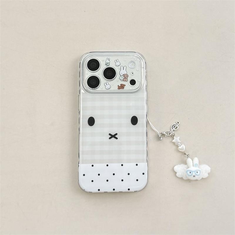 Kawaii Bunny Face Clear Phone Case For iPhone 17 Pro 16 15 14 Pro Max with Heart Side Holes Gingham Pattern Shockproof Cover