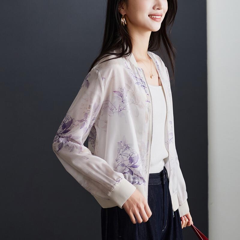 SOFSIL Women's Silk Floral Print Baseball Jacket