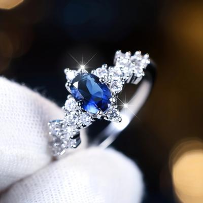 Fashion Oval Cut Blue Zircon Rings for Women Silver Color Charm Wedding Engagement Jewelry