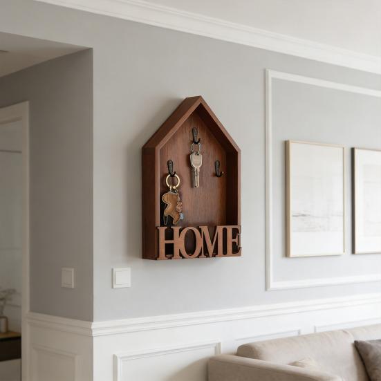 Wooden Home Key Holder with 3 Hooks Rustic House Wall Mount Key Organizer Multi-purpose Home Office Entryway Decorative Key Hanger Rack