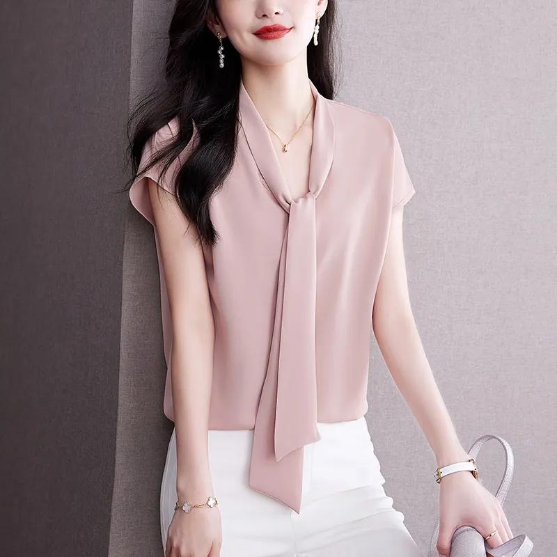 

Жіноча елегантна шовкова блуза з короткими рукавами в стилі OL Commuter Style Mulberry шовкова блуза з бантом і бантом, блузка з бантом і сорочкою, великий розмір M рожевий