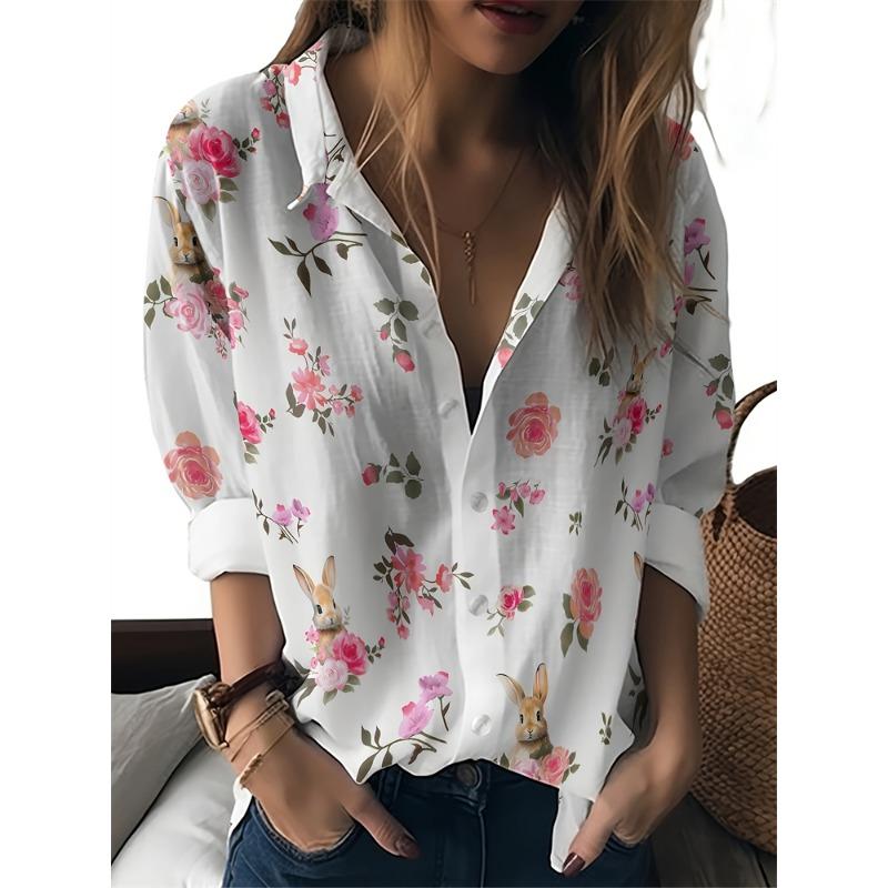 Womens Summer Shirt Fun Printed Lapel Shirt Casual Outdoor Loose Large Size Shirt Fashion Comfortable Breathable Long Sleeve Top