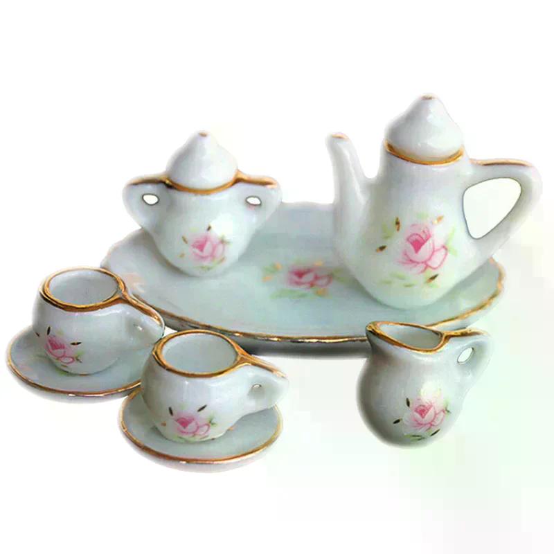 8Pcs 1/12 Dollhouse Miniature Dining Ware Porcelain Tea Set Dish Cups