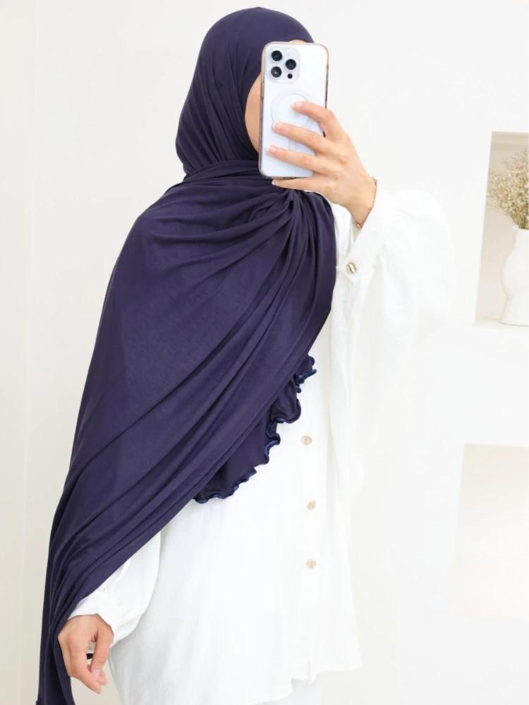 Luxury Wavy Edge Jersey Hijab for Women Solid Color Milk Silk Scarf Headscarf Autumn Shawl Stretchy Chiffon Scarf Ramanda