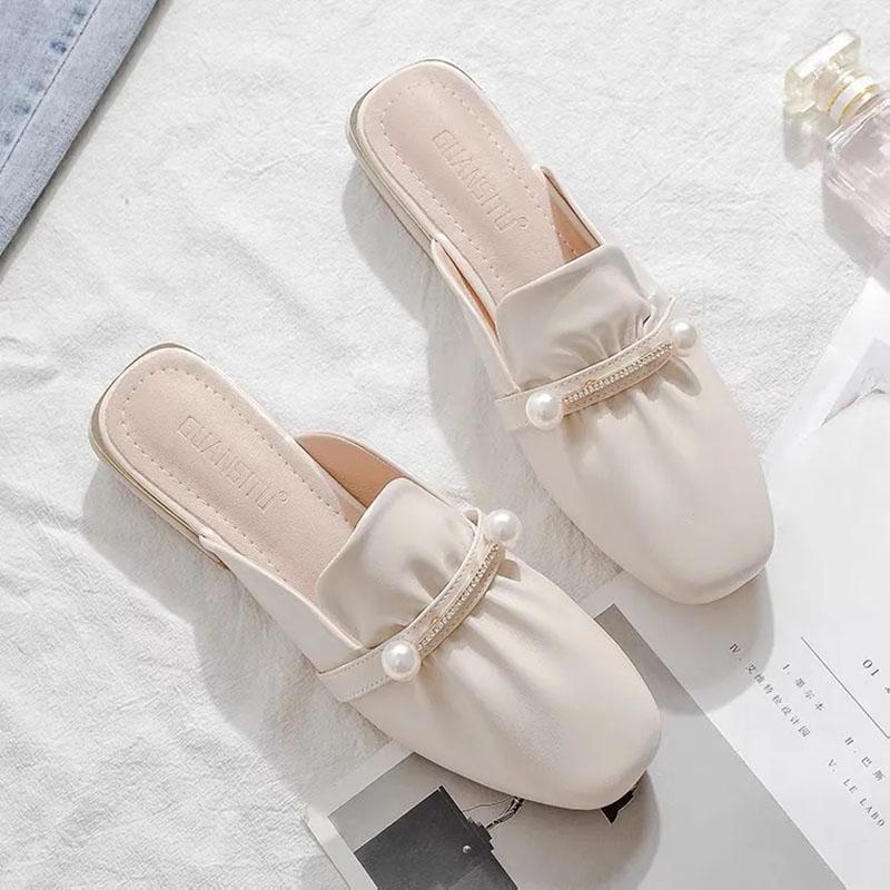 WTEMPO Women's Spring and Summer Square Toe Slippers Thick Low Heel Wrapped Toe Pearl Beige Rhinestone Pleated Soft Sole Soft Leather Slip-on Sandals