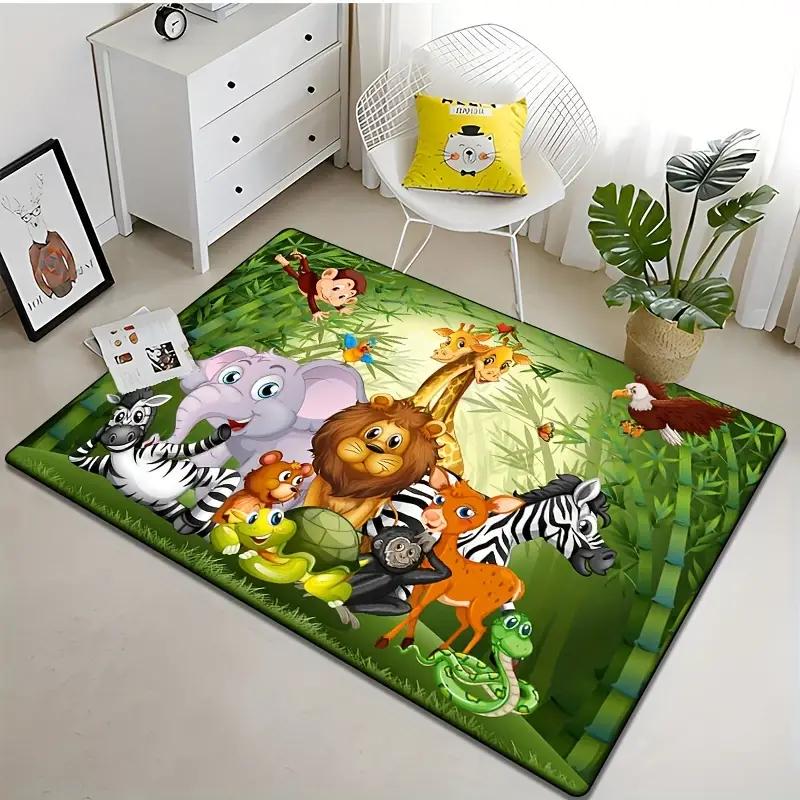Vivid Cartoon Safari Animal Pattern Non Slip Floor Mat Durable Stain Resistant Kids Play Rug for Home Nursery Decor