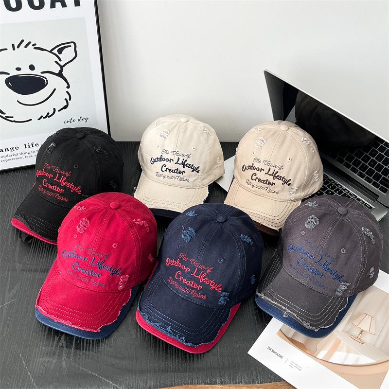 New Ripped Hole Wash Letter Embroidery Contrasting Color Design Baseball Hat Women's Outdoor Casual Soft Top Korean Embroidery Hat