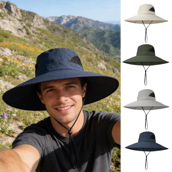 Bucket Hat Breathable Mesh Fabric Wide Brim Adjustable Fit UV Protection Hat Outdoor Activities Foldable Sun