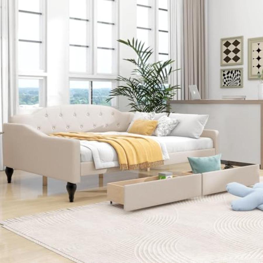 Full Size Upholstered Tufted Daybed with Two Storage Drawers Linen Fabric, Solid Wood Frame, Space-Saving Design, Beige