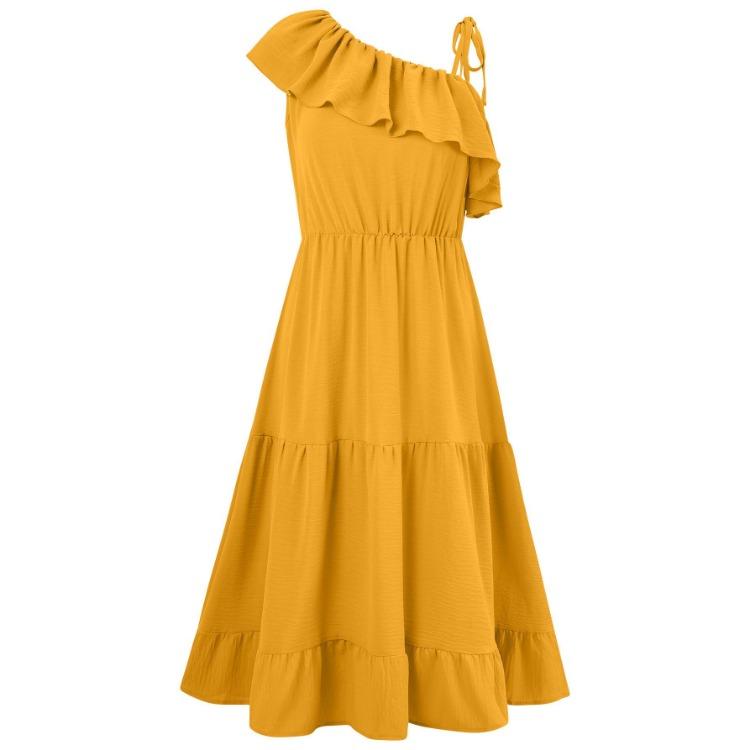 Casual Summer Dress Women Solid Color High Waist Sleeveless A-Line Ruffled Strap Slanted Shoulder Middle Long Dresses Spring S-XL Fashion Trendy