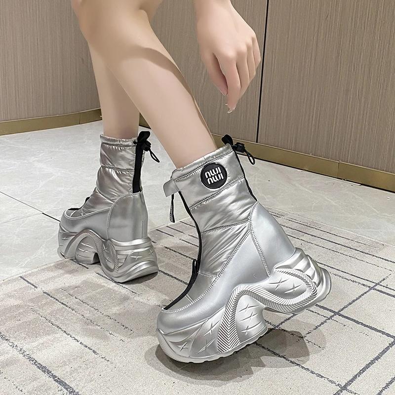 Módní 10CM Zimní Dámské Kožešinové Sněhule Udržují Teplo Robustní Krátké Boty Venkovní Plyšové Boty Středního Lýtka Platforma Protiskluzové Kožené Tenisky