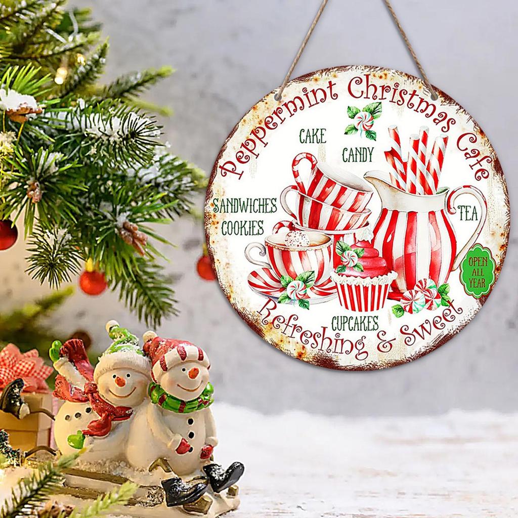 New Year Christmas Wood Sign Yard Art Merry Christmas Cafes Retro Doorplate Pendant Round Candy Cake Teacup Pattern Sign