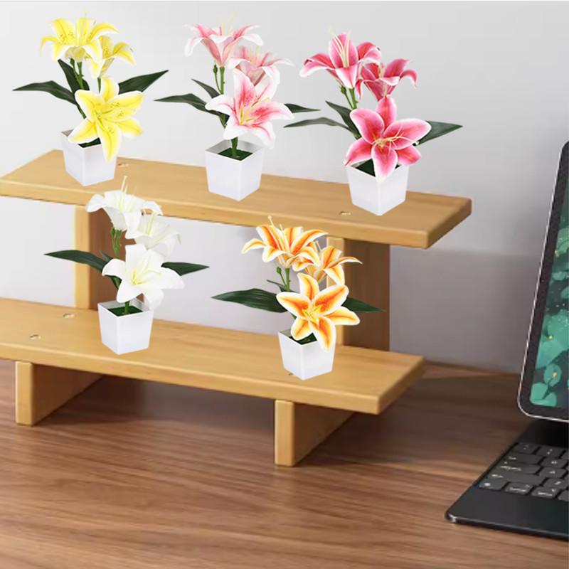 Artificial Lily Potted Bonsai Fake Lily with Leaf Potted Plant Wedding Flower Arrangement Props Home Decoration Party Decor