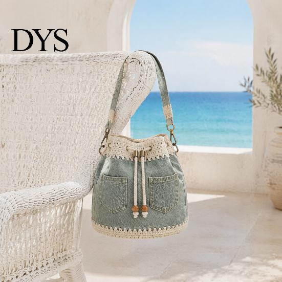 Süße Gänseblümchen-Bestickte Umhängetasche Denim Häkel-Eimer Tasche, Crossbody mit Stickerei, für Damen Boho Kordelzug Mädchen Reisen Tägliche Fahrt