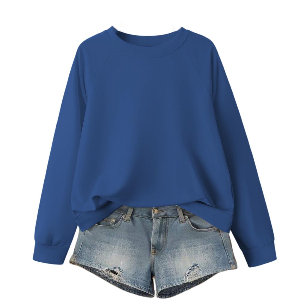Women's Fashionable Solid Color Round Neck Long Sleeved Sports Casual Pullover Sweatshirt Top