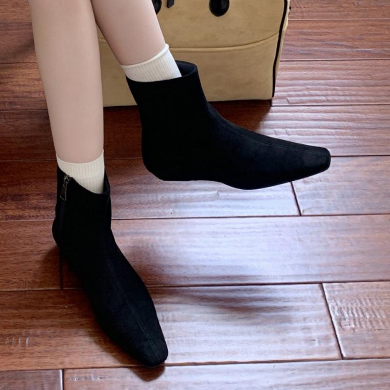 2025 Autumn and Winter New Small Square Martin Boots Versatile Thick Heel Simple Velvet Thin Boots Women's Suede French
