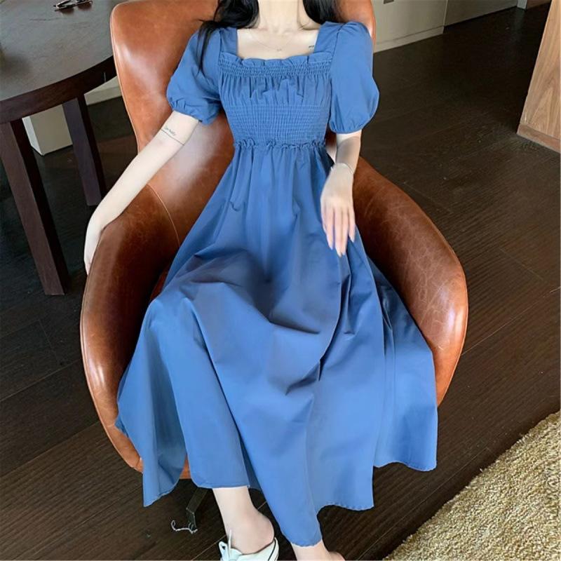 Gentle Collarbone Bubble Embroidery Dress Women's Summer New Medium and Long Waist and Thin A-shaped Skirt