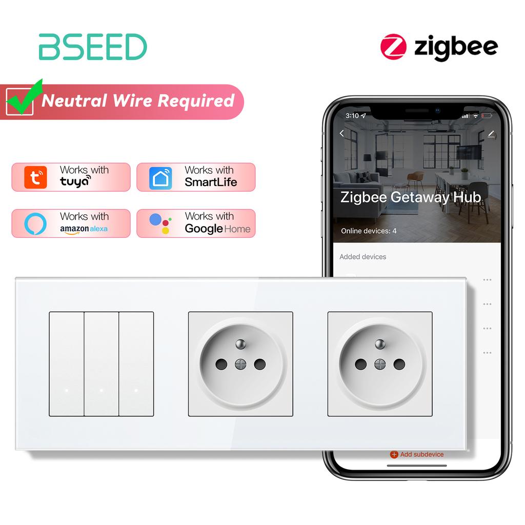 BSEED Zigbee 1/2/3/4Gang Smart Light Switches Click Buttons Tuya Smart Life App Control Plus Double French Sockets Glass Panels