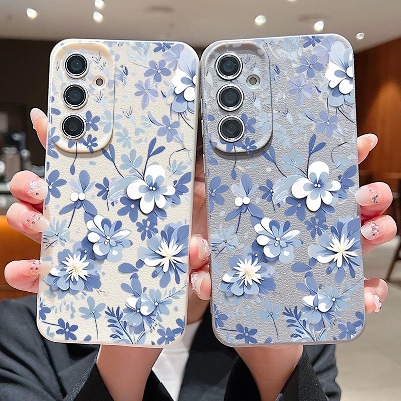 S26 Ultra Case Luxury Blue and White Flowers Pattern Leather Texture Soft Silicone Cover For Samsung Galaxy S25 Edge S24 Ultra S23 S22 Plus S21 FE