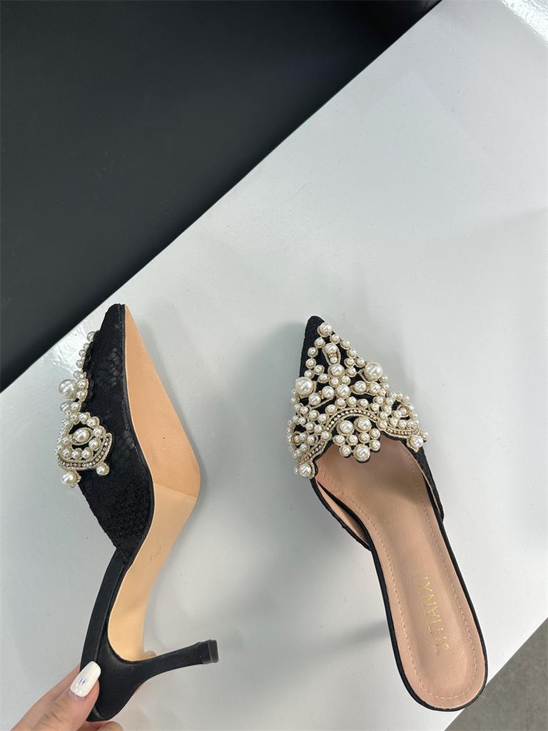 Baotou Fairy Rhinestone Pearl Sandals Summer New Pointed Thin Heel High Heel Sandals Large Size 35-42