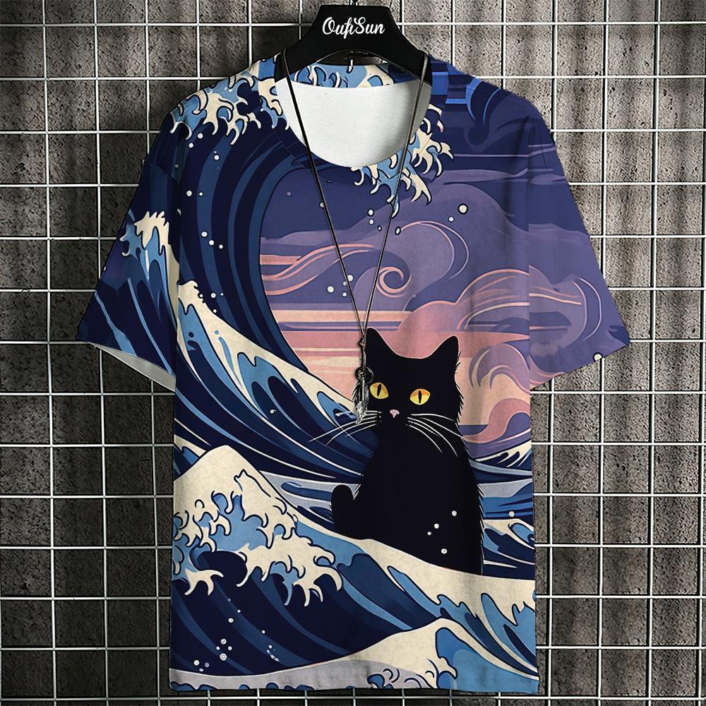 Retro Japanese Ukiyo-e Style Summer 3D Oversized Men's T-shirt Loose and Comfortable Breathable, Suitable for Daily Wear