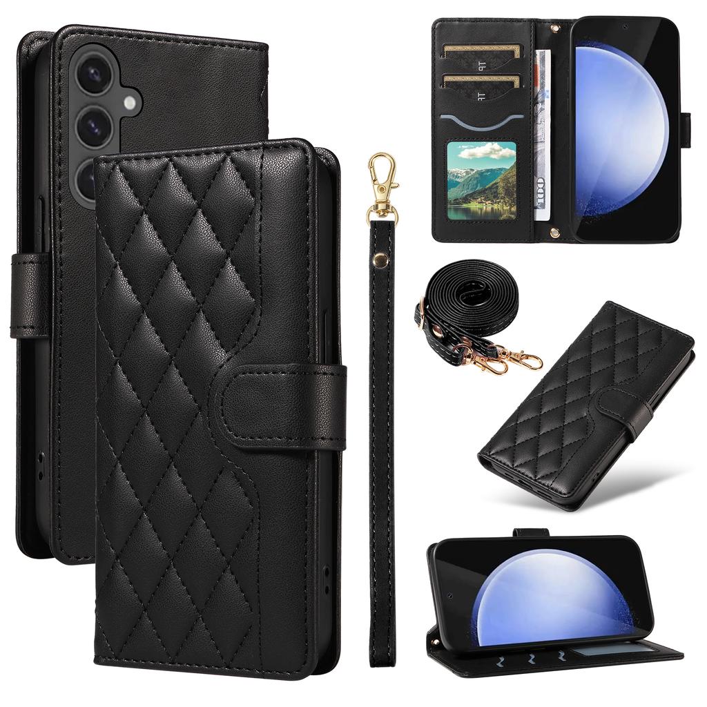 For Samsung Galaxy S24 FE Case Wallet Rhombus Leather Phone Cover with Shoulder Strap,Wrist Strap