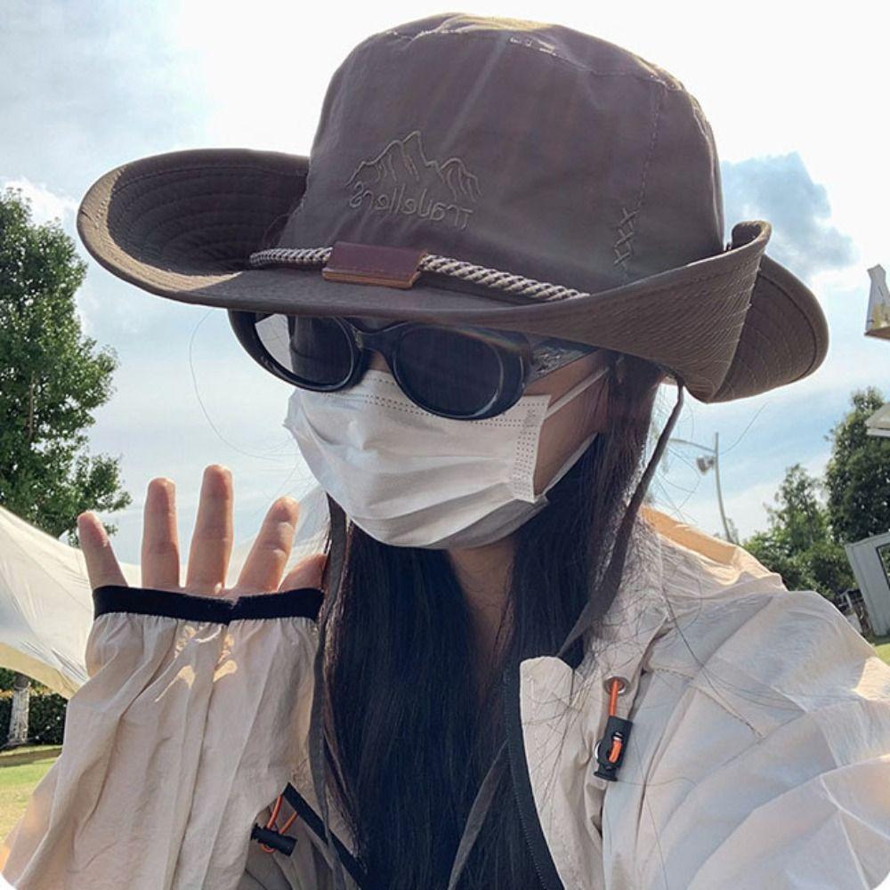 Solid Color Hiking Fisherman Hat Sun Protection Hiking Cap Breathable Western Cowboy Hat  Famale