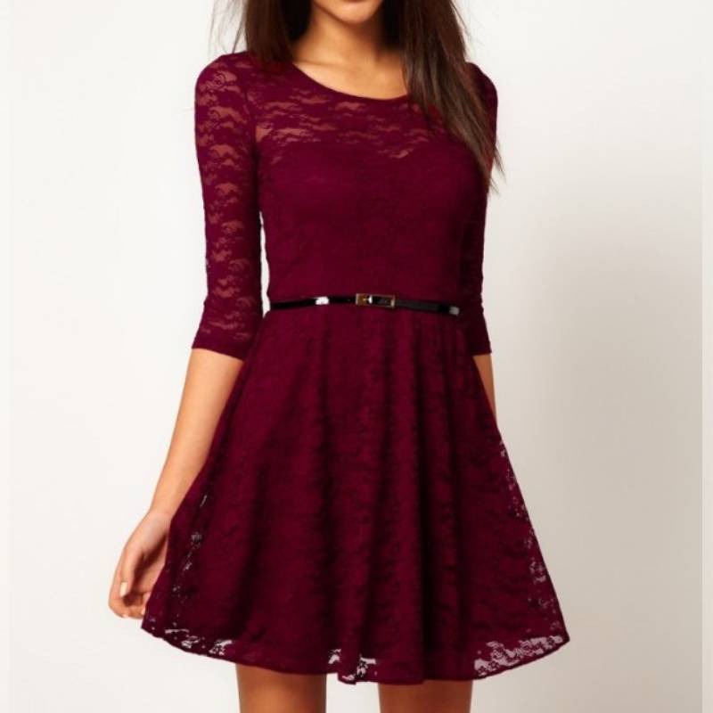 Elegant Lace Dress With Long Sleeves And Round Neck For Casual Spring Summer Wear