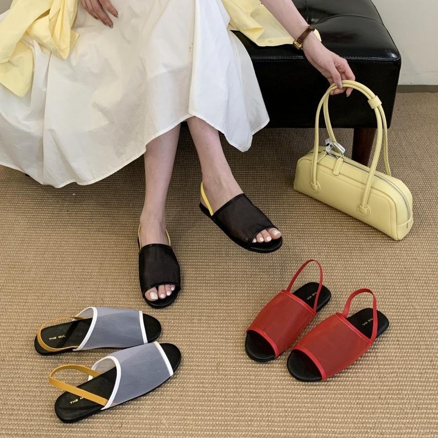 Mesh Breathable Flat-soled Sandals Women's One-word Broadband Leather One-pedal Rear Strap Open-toed Roman Shoes Half Slippers Summer