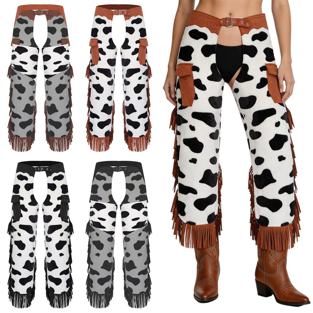 Cowboy Fringe Chaps Pants Cow Pattern Flannel Tassel Patchwork Adjustable Waist Trousers for Men Western Vintage Party Outfit