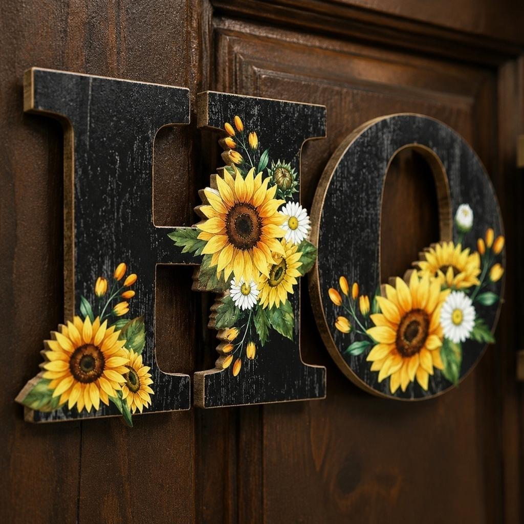 Wooden HOME Wall Decor Set 4 Pieces Sunflower Design Rustic Farmhouse Style Indoor Outdoor Hanging Signs for Seasonal Harvest Festival Decoration