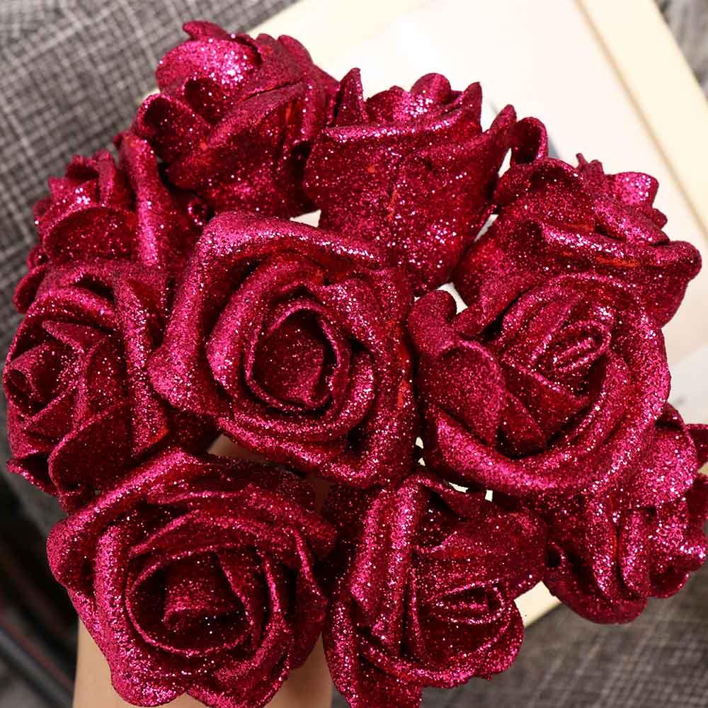 10pcs Wedding Party Decor Bride Bouquet with Glitter Powder Artificial Roses Foam Roses Artificial Flowers Decoration