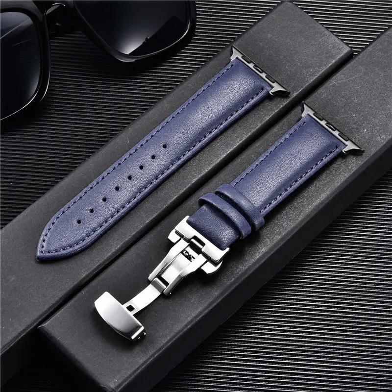 Leather Watchbands for Apple Watch 10 9 8 7 6 5 4 3 SE Ultra Butterfly Clasp Replace Wrist Strap 46mm 41mm 42mm 44mm 45mm Band for Iwatch