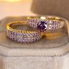 2 Pcs/set Golden Color Round Cut Purple Stone Claw Ring Set Wedding Band Valentine's Day Jewelry
