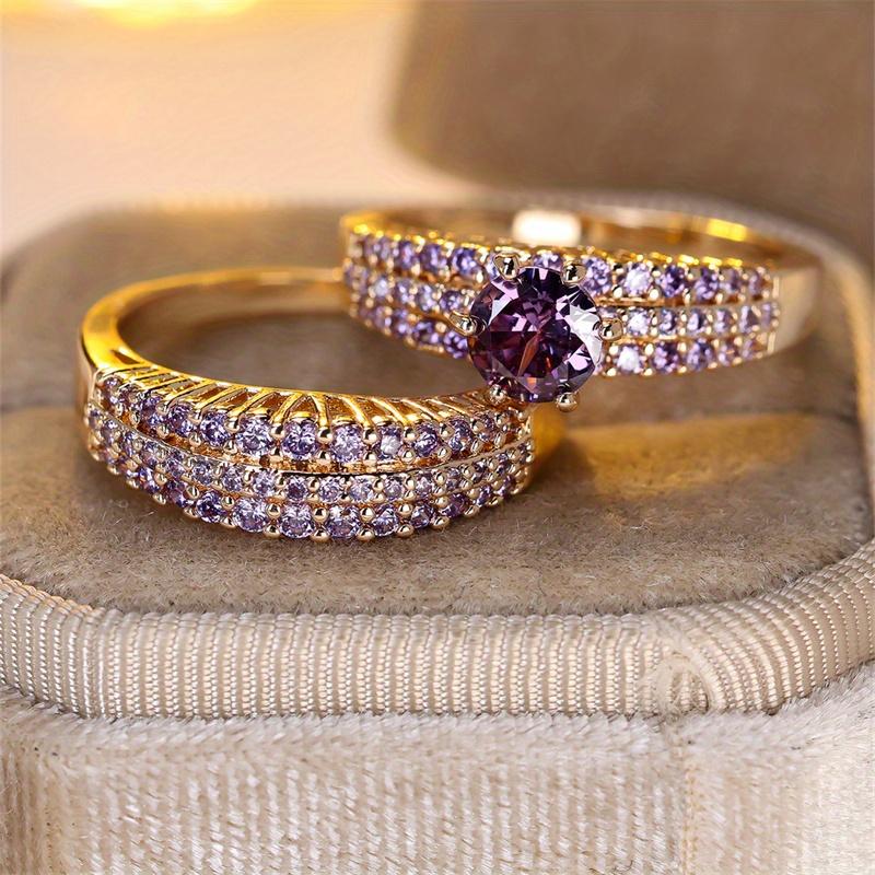 2 Pcs/set Golden Color Round Cut Purple Stone Claw Ring Set Wedding Band Valentine's Day Jewelry