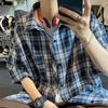 Japanese Plaid Shirt Men's Short-sleeved Spring and Autumn All-match Youth Casual Loose Tooling Shirt Jacket