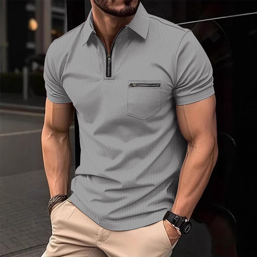 New Waffle-Pattern Men's Polo Shirt with Pocket and Turn-Down Collar