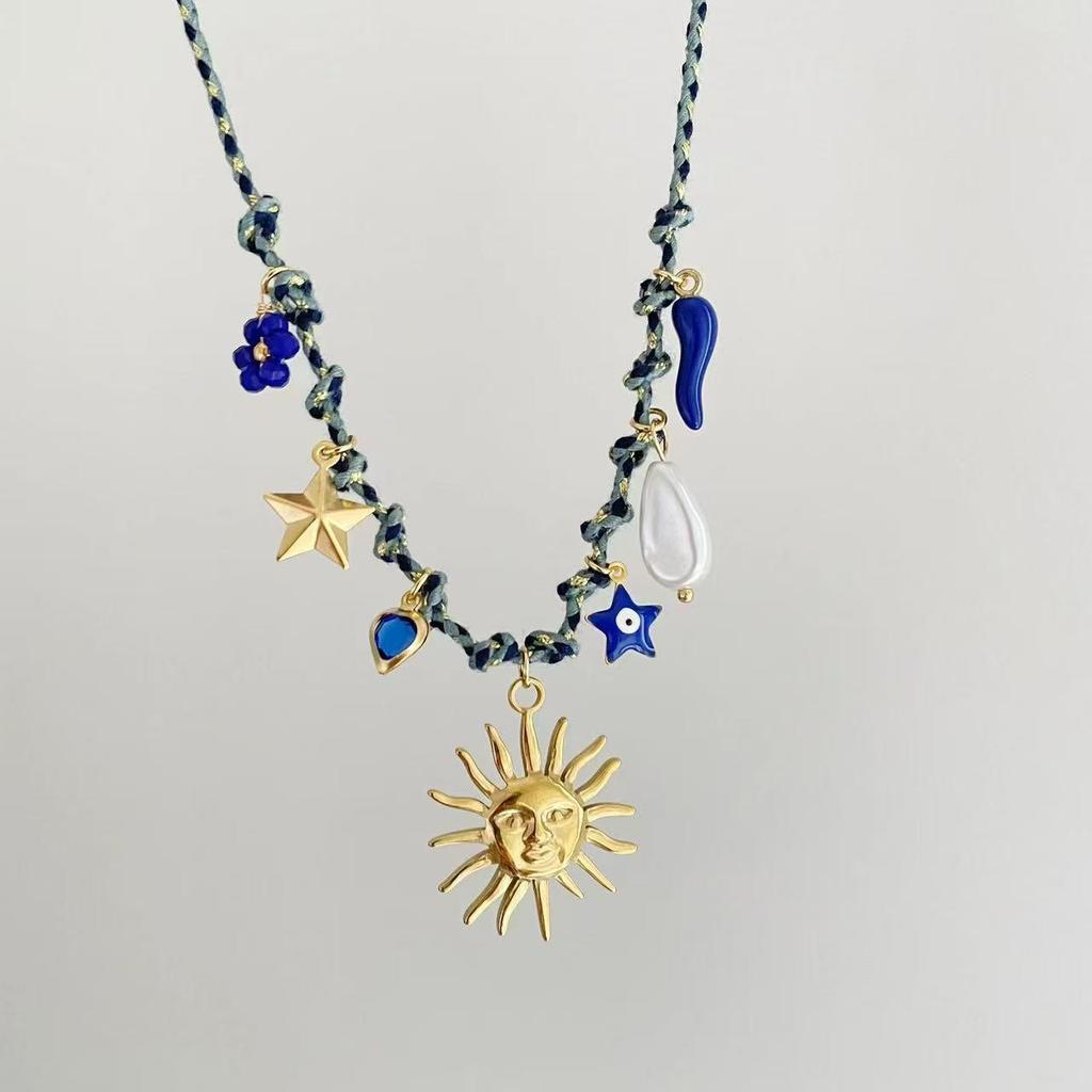 Summer Sea Breeze Starfish & Seashell Heart Pendant Rope Necklace