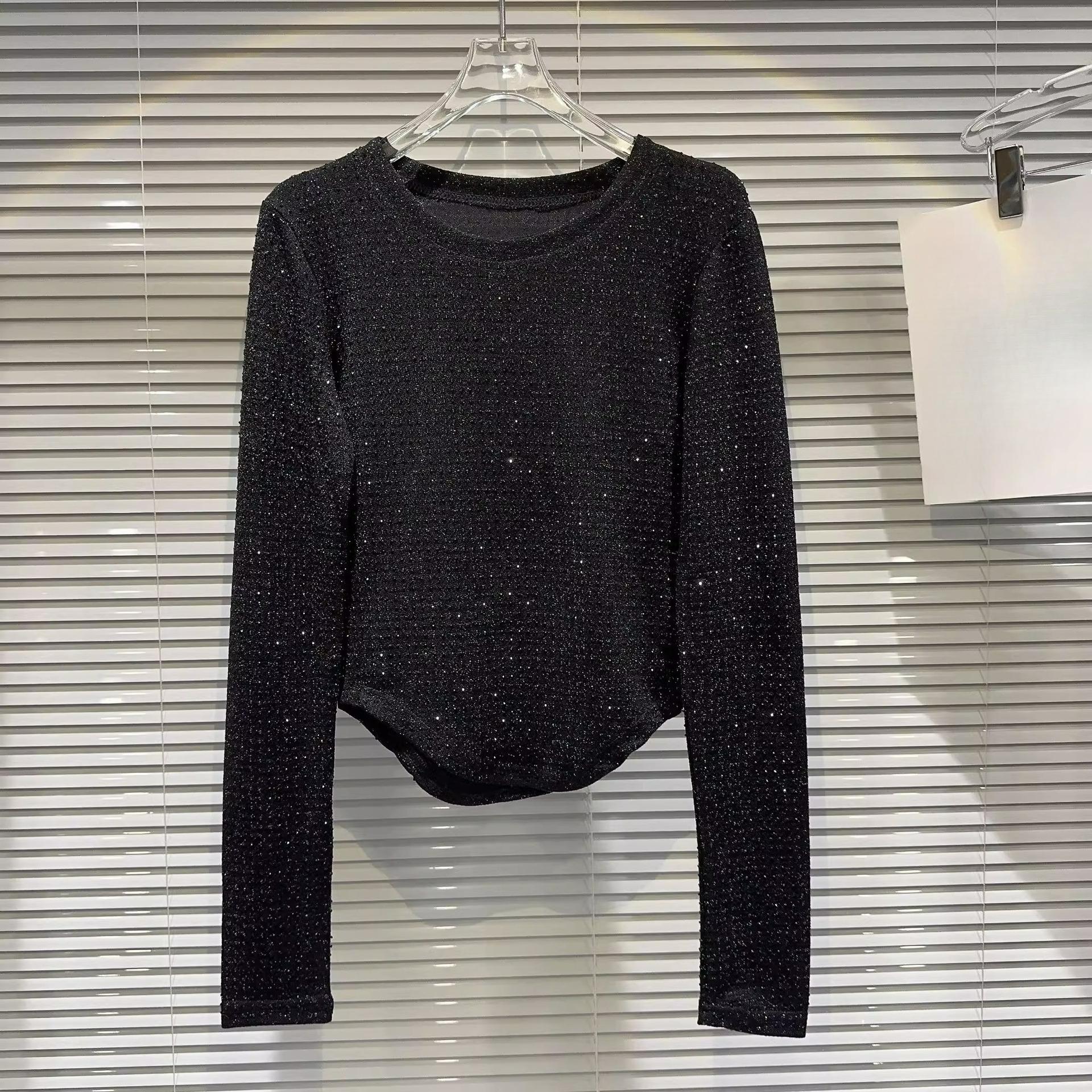 

Extra Large Size Spring and Autumn Girls Full of Rhinestone Bright Silk Design Curved Edge T-shirt Small Shirt Women s Trend XXXXL