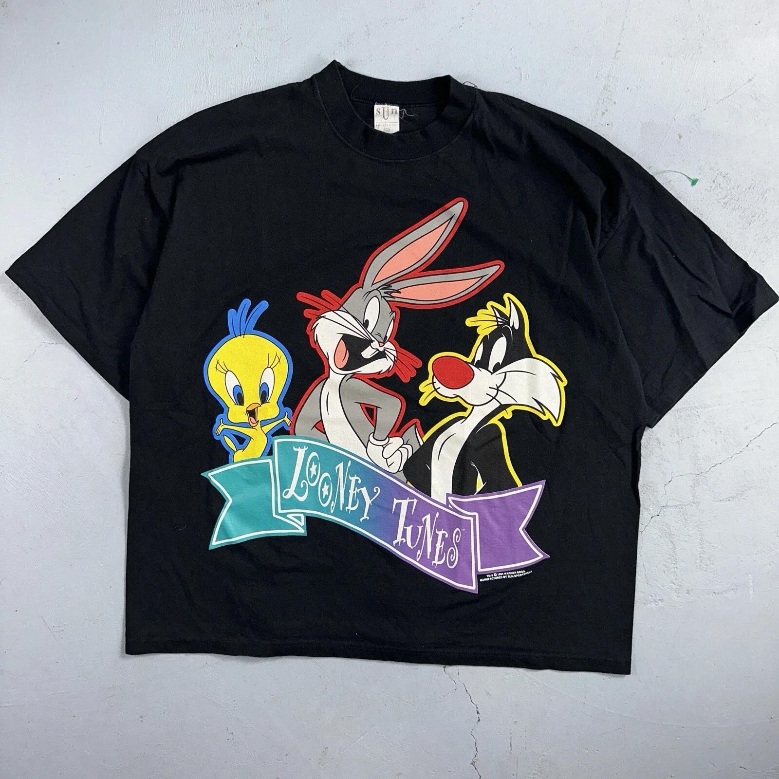 Looney Tunes Vintage T Shirt Single Stitch 90s Bugs Bunny Bird Black Graphic M