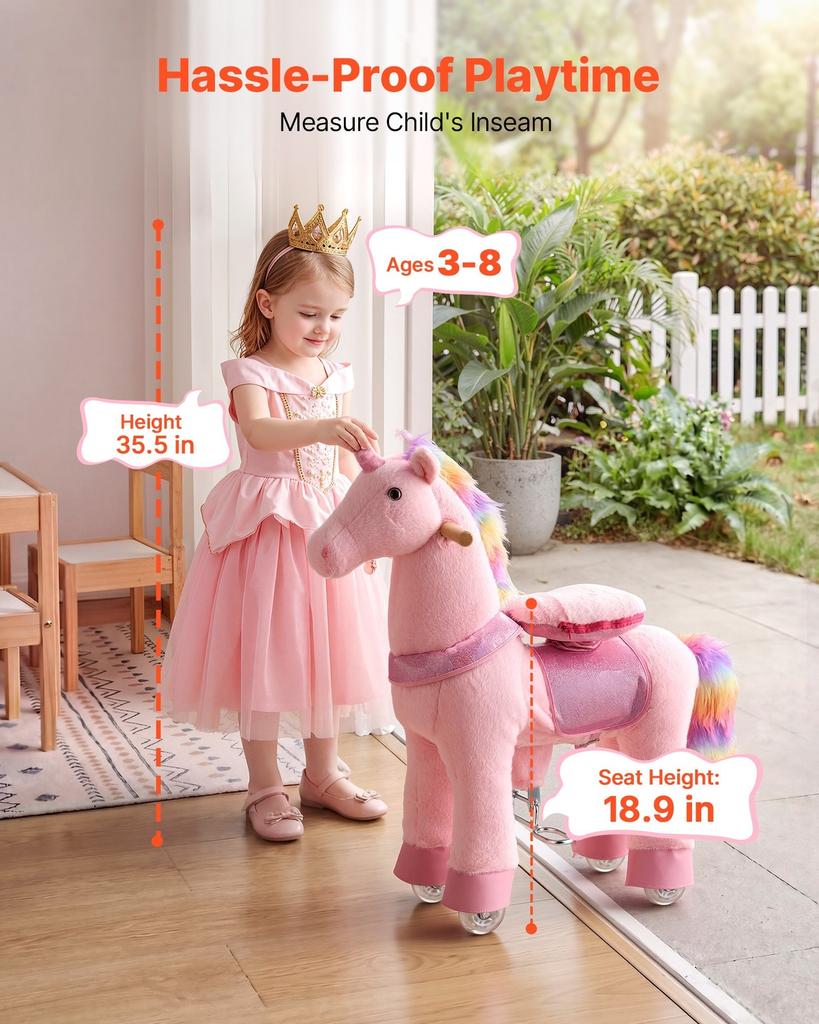 Ride On Horse, Riding Pink Unicorn Toys for Kids, No Battery Required, Smooth Wheels with Anti-Roll Stop Ring, Upgraded Raised Seat, Handles, Pedals,