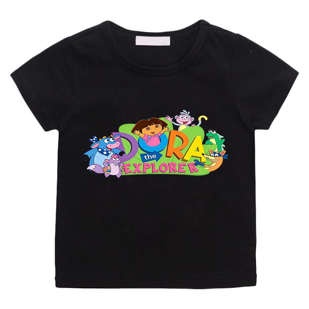 

100% Cotton Dora Cartoon Print Kids T-shirt 2-12 Years Boys Girls Unisex Fashion Short Sleeve O Neck Casual Tops Toddler Summer 100 чёрный