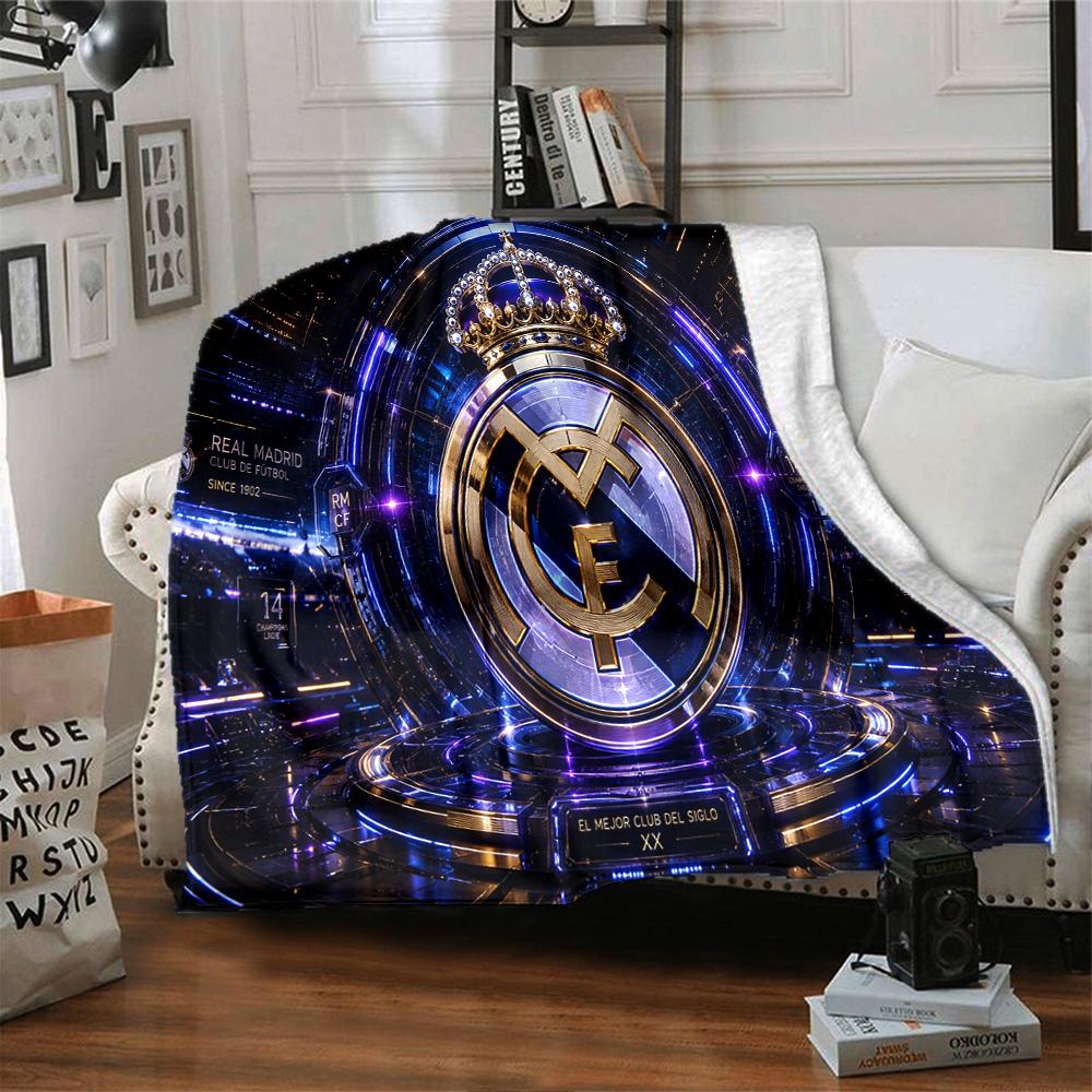 FC Madrid Emblem Flanelldecke, Weiches Polyester, Modernes Design, Ganzjahres für Camping, Reisen, Geschenke für Feiertage oder Geburtstage