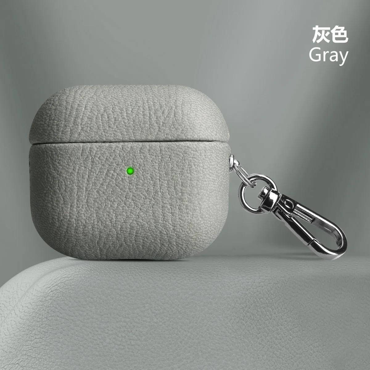Pour Air Pods 4 3 2 1 Étui Pour AirPods Pro 2 Housse Cuir PU Accessoires de Chargement pour Écouteurs Motif Litchi Cuir de Vache avec Boucle AirPods Pro grise