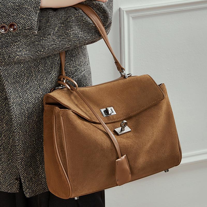 Light Luxury Imported Soft Suede Tote Bag Lazy Wind Large Capacity Matte Cowhide Lock Bag Women's Messenger Shoulder Bag