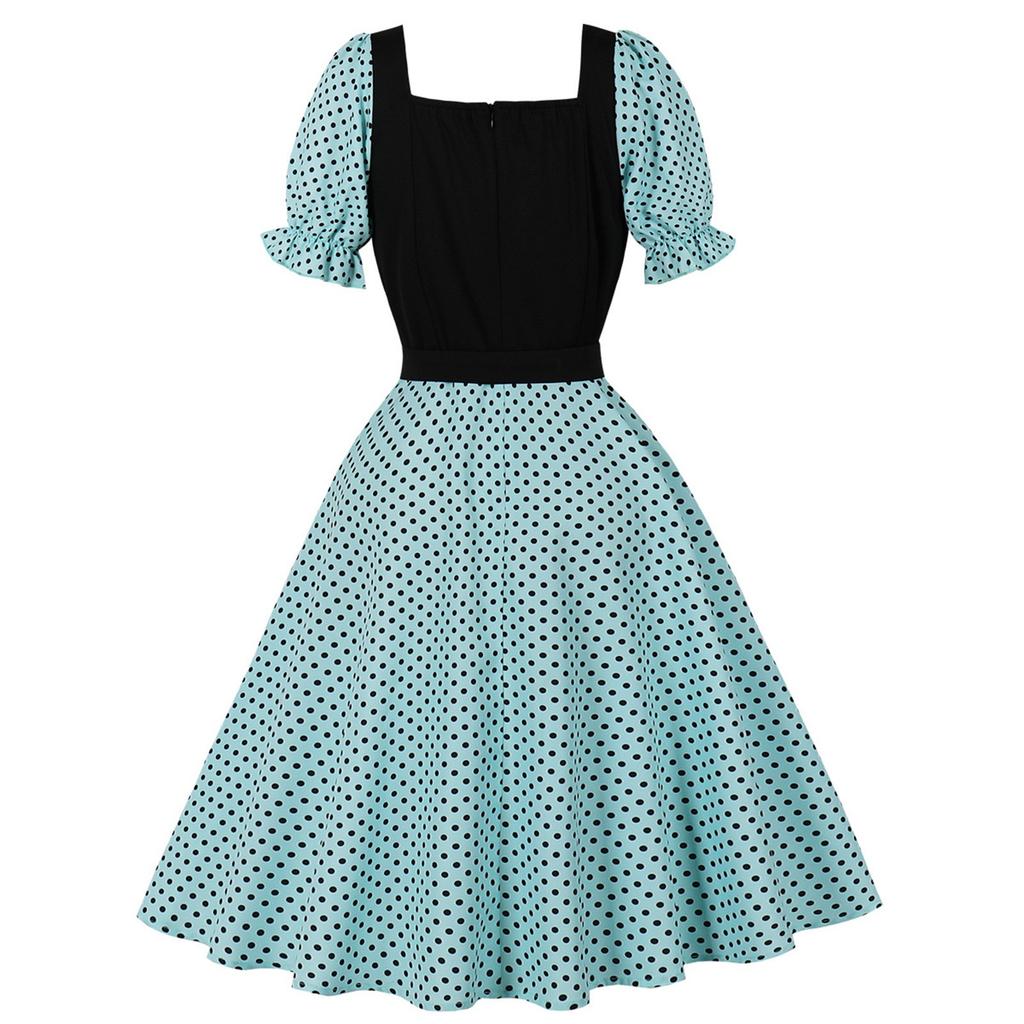 Women's  Literary Retro Suit Collar Polka Dot Short Sleeve Dress With Big Swing Skirt