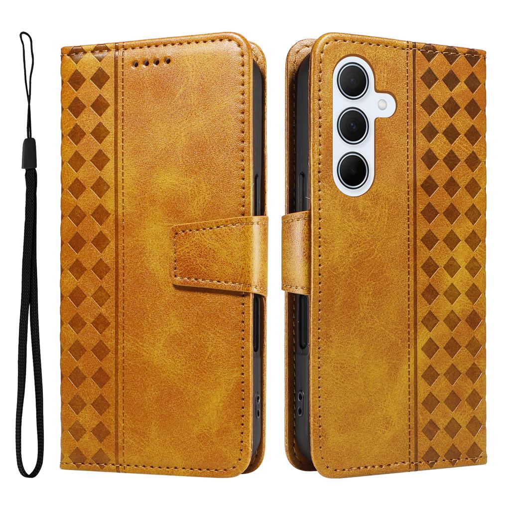 For Samsung Galaxy A35 5G Leather Case Wallet Stand Grids Imprinted Phone Cover with Strap
