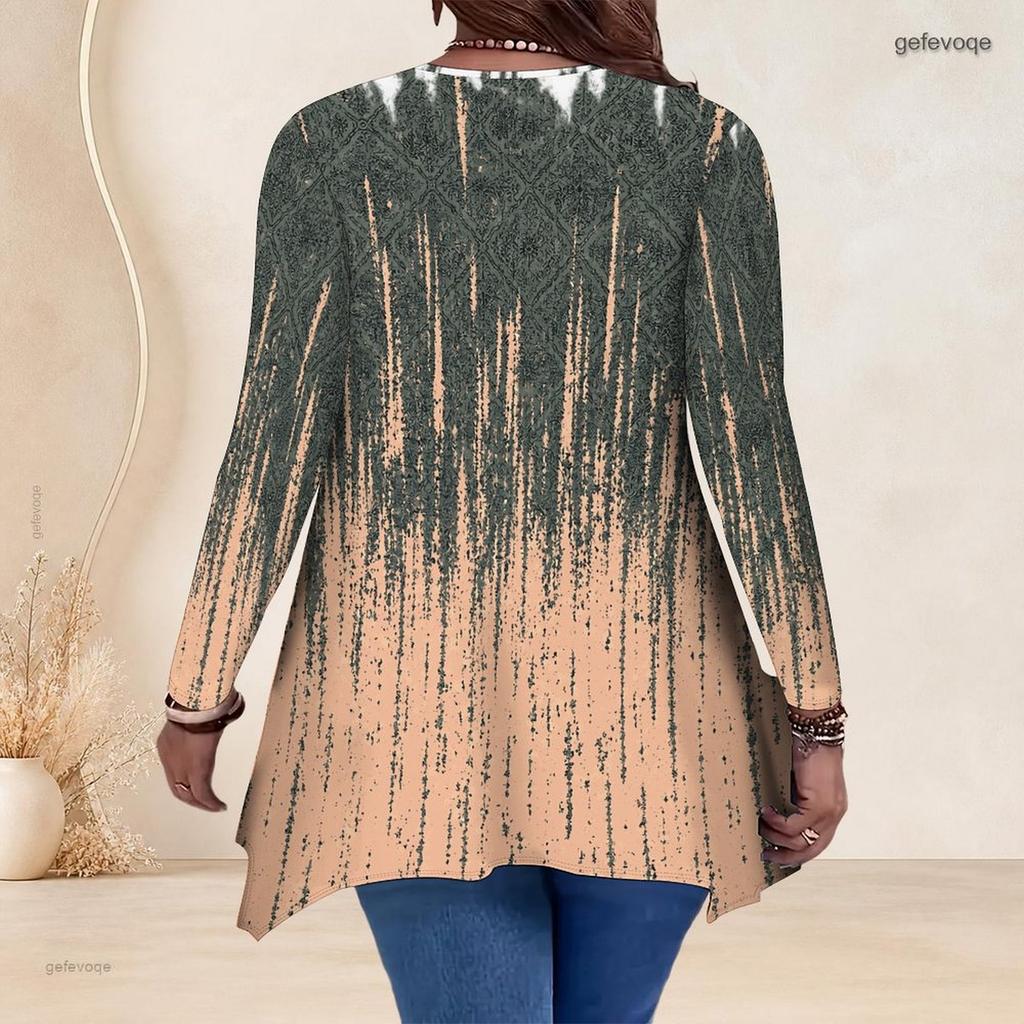 Women Plus Size V Neck Long Sleeve Printed Asymmetric Hem Flared Tunic Top