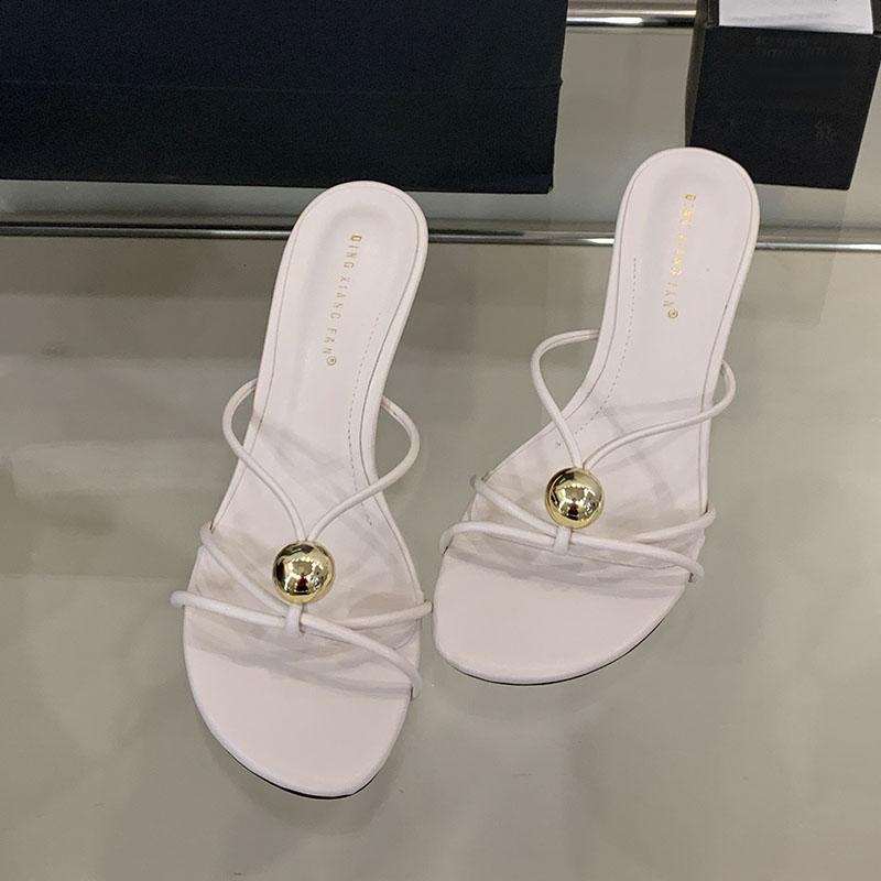 Fashion Fashion Metal Footwear Thin Heels Slippers Shoes For Women 2025 New Round Toe Ladies High Heels Slippers Female Slides Sandals